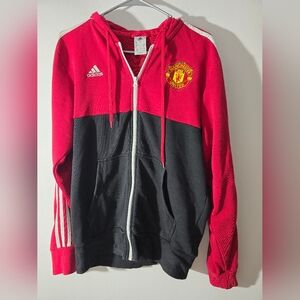 Adidas Manchester United zip up hoodie jacket red and black, white stripes